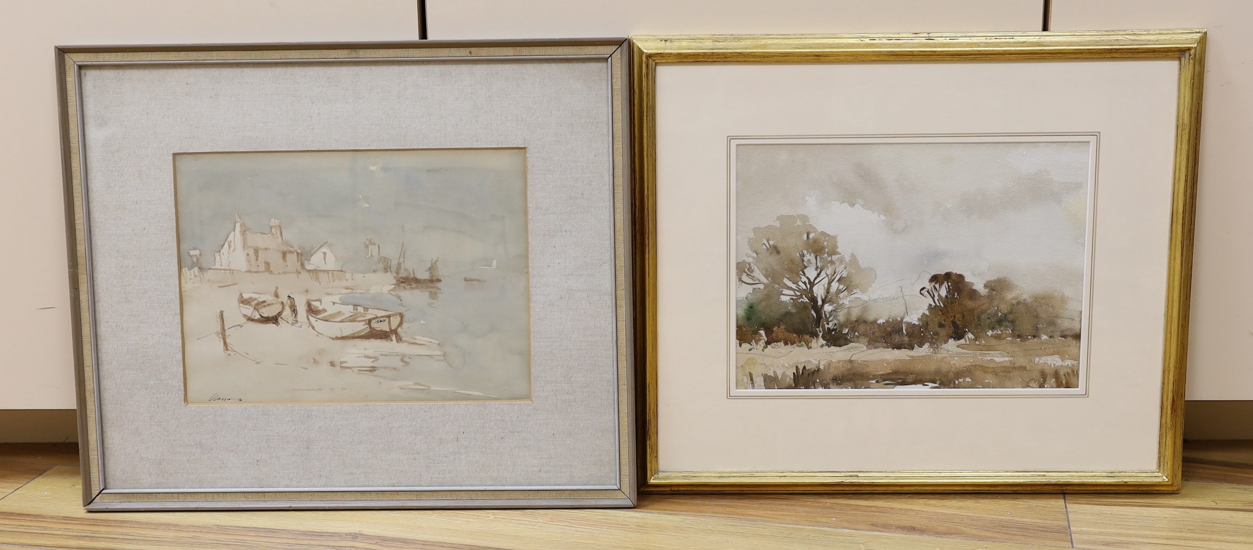 Edward Wesson (1910-1983), ink and watercolour, Coastal scene, signed, 21 x 29cm and an unsigned watercolour of trees, 20 x 28cm
